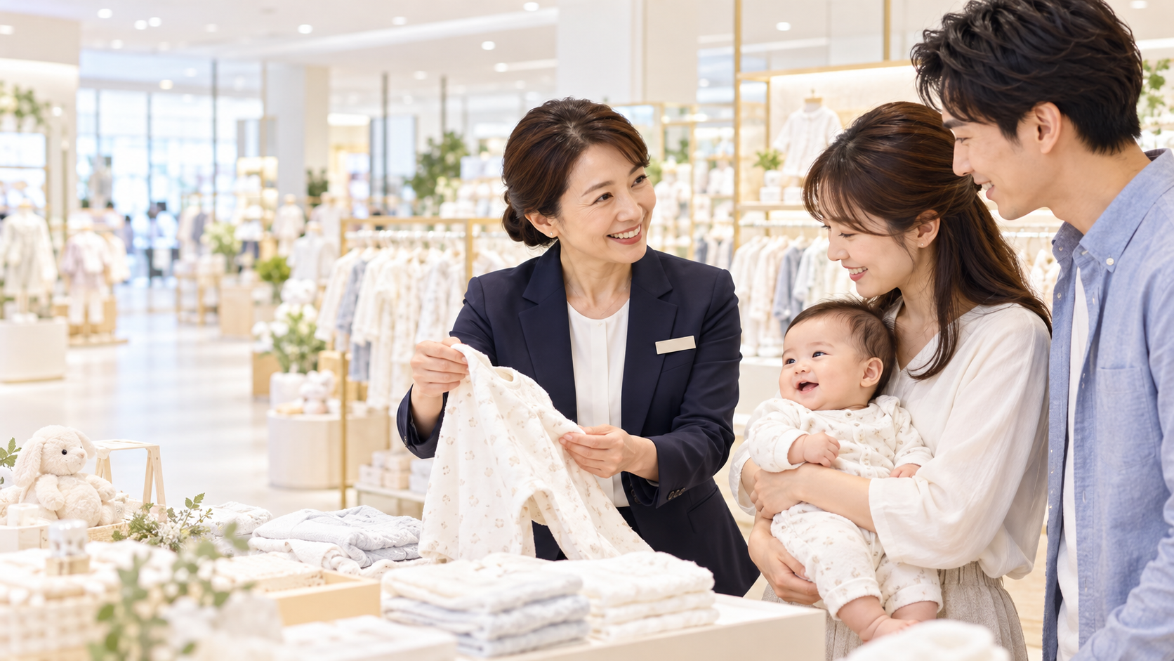 ベビー用品売場で親子に衣料を案内する活動イメージ