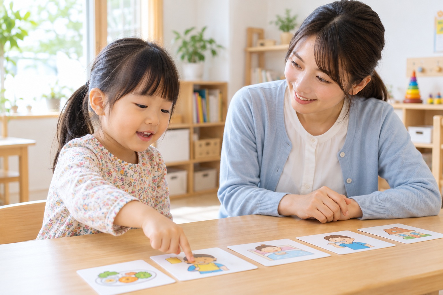絵カードを使い子どもの気持ちや意思を受け止める関わりのイメージ